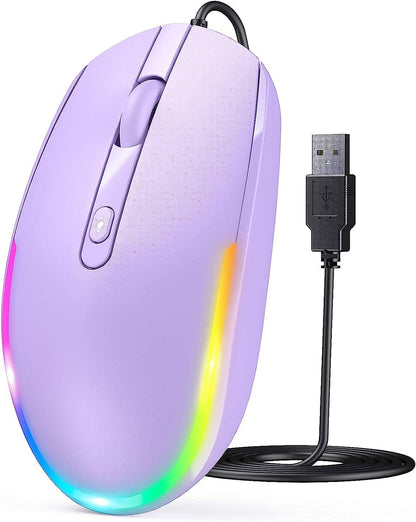 Wired Mouse - USB Computer Mice Wired with RGB Backlit Optical LED Mouse with Attached USB Cord for Laptops Notebooks Chromebook - Purple