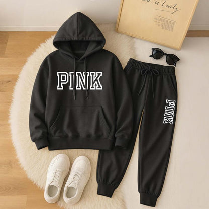 Women'S Pink Cartoon Print Hoodie and Drawstring Track Pants Set, Casual Sportswear, Long-Sleeved Hooded Jacket and Pants, Suitable for Autumn and Winter, Everyday Wear, Indoor and Outdoor Sportswear, Casual Sportswear.