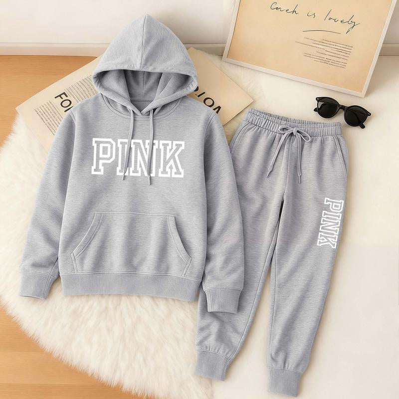 Women'S Pink Cartoon Print Hoodie and Drawstring Track Pants Set, Casual Sportswear, Long-Sleeved Hooded Jacket and Pants, Suitable for Autumn and Winter, Everyday Wear, Indoor and Outdoor Sportswear, Casual Sportswear.