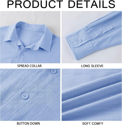 Mens Button down Shirt Linen Cotton Shirts Casual Long Sleeve Spread Collar Beach Plain Tops