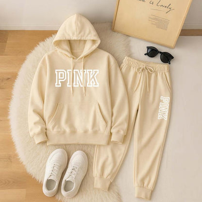 Women'S Pink Cartoon Print Hoodie and Drawstring Track Pants Set, Casual Sportswear, Long-Sleeved Hooded Jacket and Pants, Suitable for Autumn and Winter, Everyday Wear, Indoor and Outdoor Sportswear, Casual Sportswear.