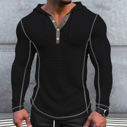 Men's Long Sleeve Waffle Button Hoodie T-shirt Top