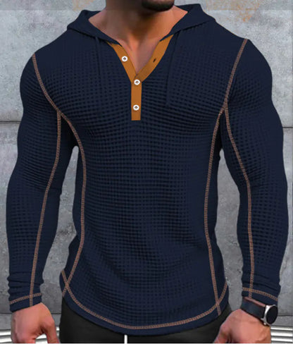 Men's Long Sleeve Waffle Button Hoodie T-shirt Top