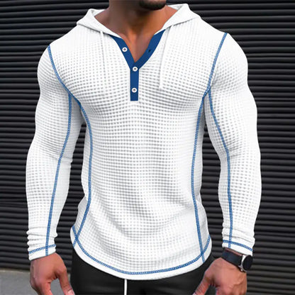 Men's Long Sleeve Waffle Button Hoodie T-shirt Top