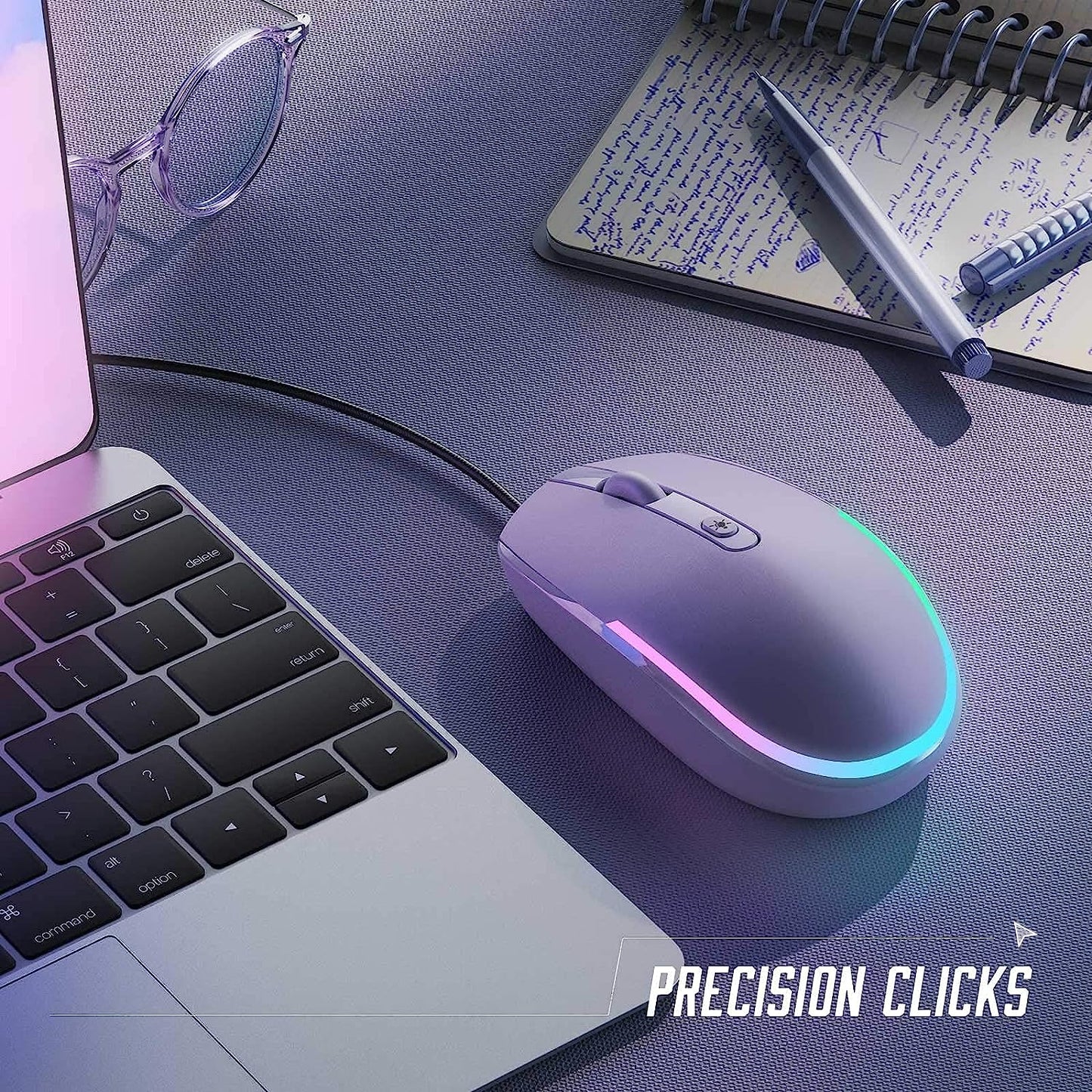 Wired Mouse - USB Computer Mice Wired with RGB Backlit Optical LED Mouse with Attached USB Cord for Laptops Notebooks Chromebook - Purple
