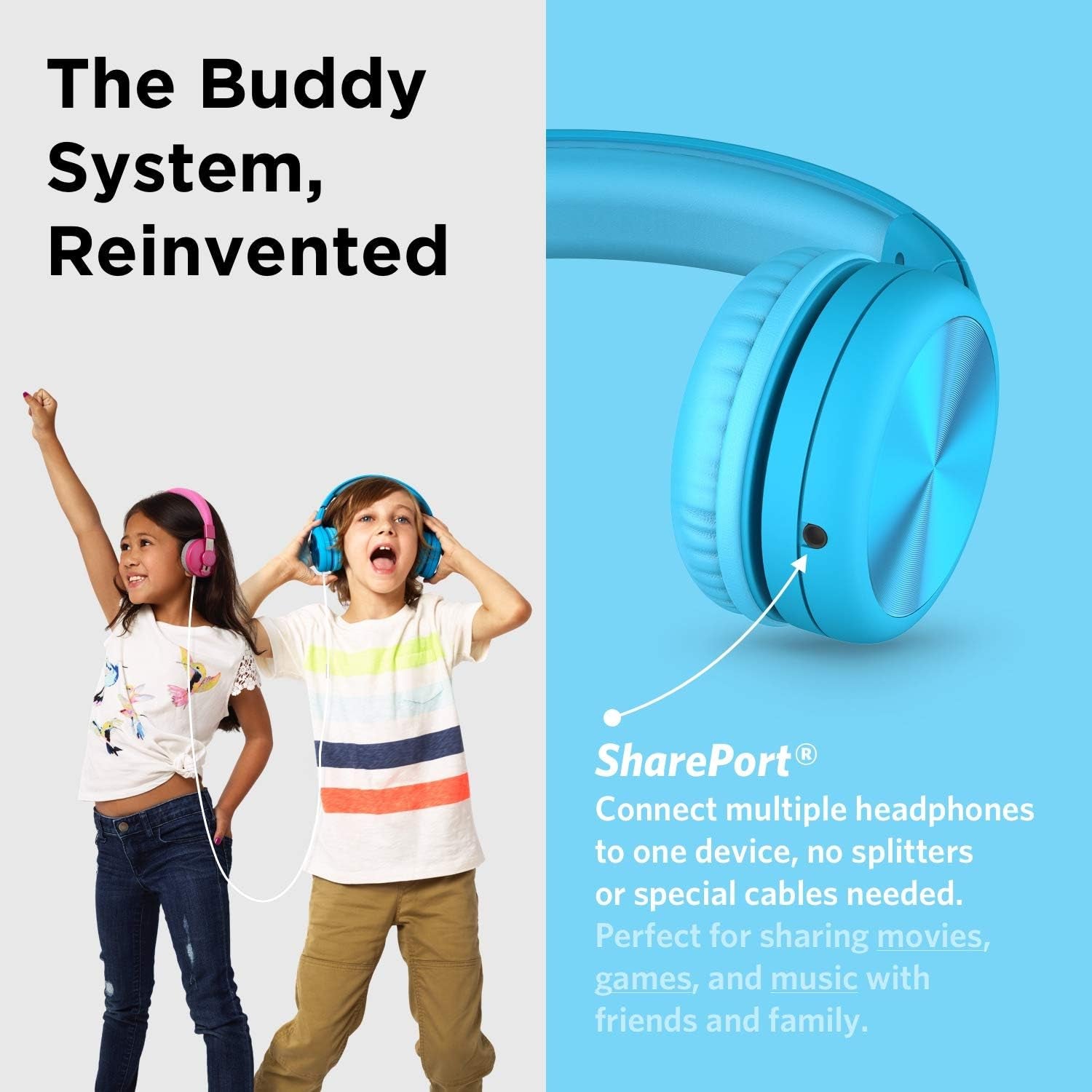 Connect+ Pro Wired Kids Headphones for School with Microphone, Volume Limiting Over-Ear Headset with Cord, Shareport Technology & Softtouch Padding, Blue