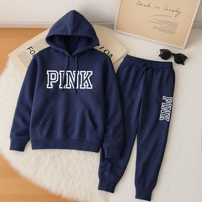 Women'S Pink Cartoon Print Hoodie and Drawstring Track Pants Set, Casual Sportswear, Long-Sleeved Hooded Jacket and Pants, Suitable for Autumn and Winter, Everyday Wear, Indoor and Outdoor Sportswear, Casual Sportswear.