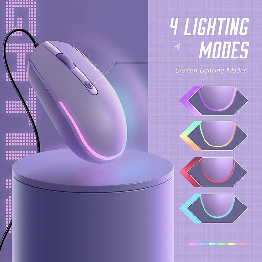 Wired Mouse - USB Computer Mice Wired with RGB Backlit Optical LED Mouse with Attached USB Cord for Laptops Notebooks Chromebook - Purple