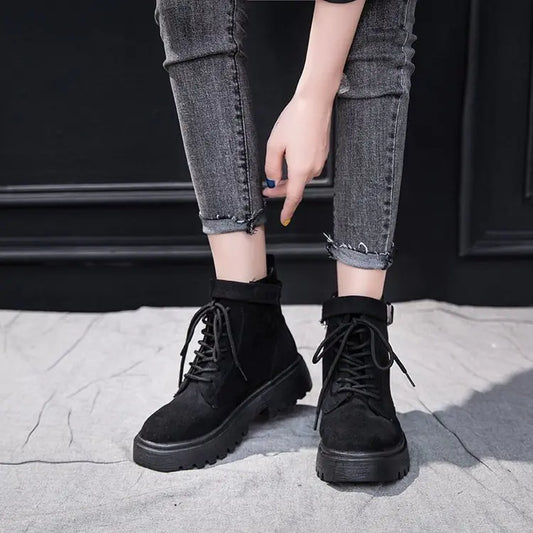 Botas Cortas de Moda con Tacón Grueso y Cordones